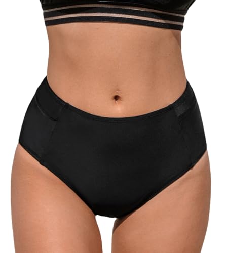 CUPSHE Damen-Bikinihose, hoch gewaschen, Bauchkontrolle, Badeanzug, volle Abdeckung, Retro-Badehose mit Taschen (Größe XS - 4XL), Schwarz, Medium von CUPSHE