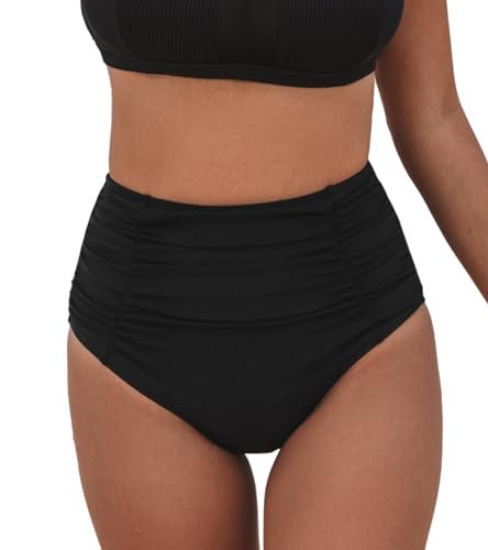 CUPSHE Damen-Bikinihose, hoch gewaschen, gerafft, Bauchkontrolle, Badeanzug, volle Abdeckung, Retro-Badehose (XS - 4XL), Schwarz, XL von CUPSHE