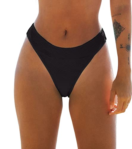 CUPSHE Damen Bikinihose High Cut Mid Waist Cheeky Bikini Badehose Hipster Texturiert Bikini Slip Schwarz L von CUPSHE