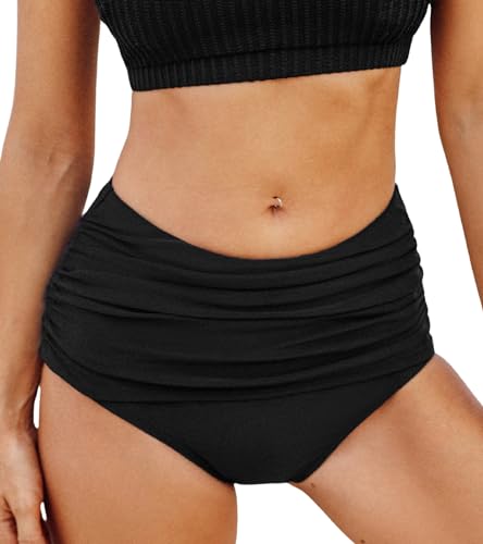 CUPSHE Damen Bikinihose High Waist Bauchweg Raffungen Badehose Hipster Cheeky Bikini Slip Bikini Unterteil Schwarz M von CUPSHE