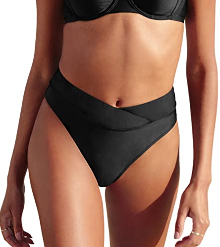 CUPSHE Damen Bikinihose Wickel High Waist Bikini Badehose High Cut Cheeky Hipster Bikini Slip Schwarz XS von CUPSHE