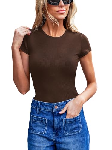 CUPSHE Damen Bodysuit Sexy Rundhals Stricken Bodies Kurzarm Shapewear Gerippten Formende Bodys Elegant Overall Oberteil Tops Braun L von CUPSHE