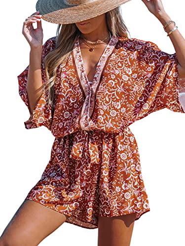 CUPSHE Damen Boho Strampler Dolman Ärmel Paisley Print Gürtel Relaxed Fit Selbstbinden Jumpsuits Kurz, Orange, 38 von CUPSHE