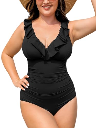 CUPSHE Damen Große Größen Badeanzug V Ausschnitt Volant Bauch Kaschieren Einteilige Bademode Curvy Plus Size Swimsuit Schwarz 0X=L CUPSHE Damen Große Größen Badeanzug V Ausschnitt Volant Bauch Kaschieren Einteilige Bademode Curvy Plus Size Swimsuit Schwarz 0X=L von CUPSHE