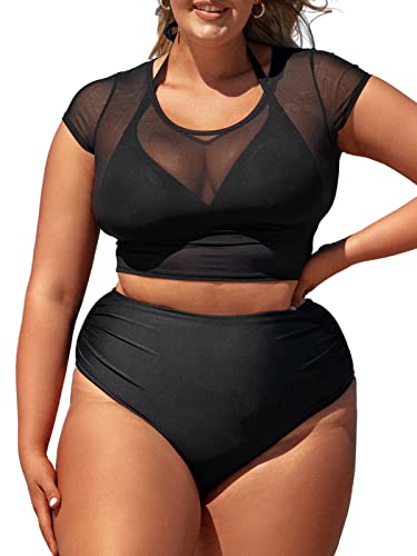 CUPSHE Damen Große Größen Bikini Set Sheer Mesh High Waist Bauchweg Dreiteiliger Bikini Plus Size Curvy Bademode Swimsuit Schwarz 3X=XXXL von CUPSHE