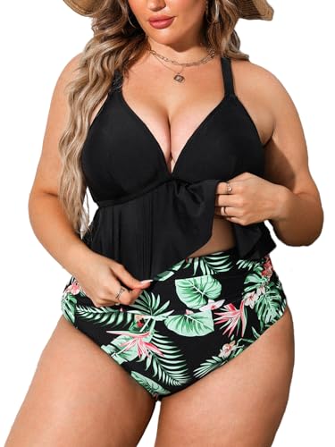 CUPSHE Damen Große Größen Bikini Set Triangel High Waist Zweiteiliger Bikini Bauchweg Rüschensaum Plus Size Bademode Swimsuit Schwarz XXL von CUPSHE