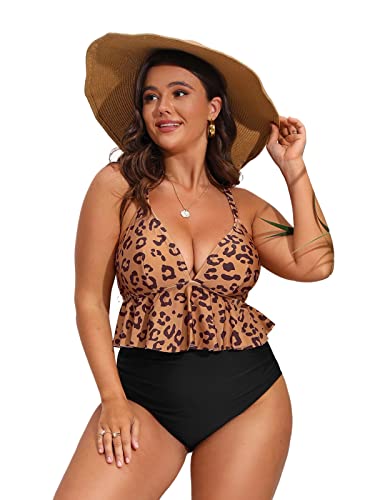 CUPSHE Damen Große Größen Bikini Set V Ausschnitt High Waist Leopard Zweiteiliger Bikini Rüschensaum Bauchweg Plus Size Bademode Swimsuit Schwarz/Leopard 3X=XXXL von CUPSHE