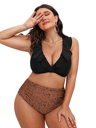 CUPSHE Damen Große Größen Bikini Set V Ausschnitt Volants Lace Up High Waist Bauchweg Zweiteiliger Bikini Leopardenmuster Plus Size Curvy Bademode Swimsuit 2X=XXL von CUPSHE