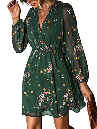 CUPSHE Damen Kleid Wickeloptik V Ausschnitt Langarm Chiffon Blumenmuster Freizeitkleider Wickelkleid Party Mini Dress Grün L von CUPSHE