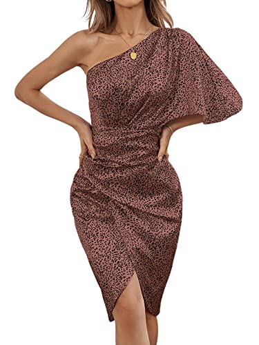 CUPSHE Damen Kleid in Satinoptik One Shoulder Raffungen Leopardenmuster High Low Asymmetrischer Abendkleid Cocktailkleid Midi Party Dress Braun S von CUPSHE