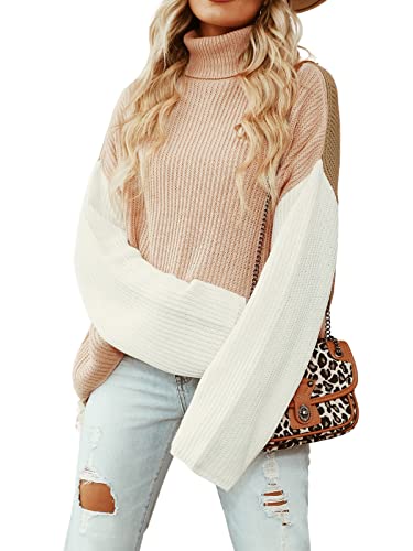 CUPSHE Damen Rollkragenpullover Langarm Farbblock Strickpullover Pulli Jumper Oberteile Tops Loose Knit Sweater Rosa/Weiß S von CUPSHE