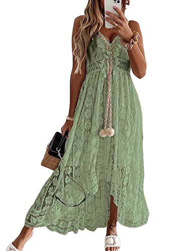 CUPSHE Damen Sommerkleid V Ausschnitt Floral Spitze Quasten Spaghetti Trägerkleid Freizeitkleider Hi-Low Party Boho Beach Maxi Dress Grün XS von CUPSHE