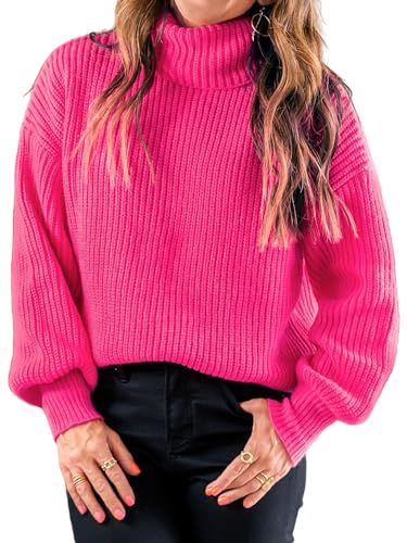 CUPSHE Damen Strickpullover Rollkragen Puffärmel Feinstrick Pulli Oberteile Tops Lässig Knit Sweater Neonpink XL von CUPSHE