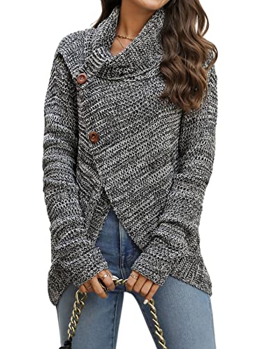 CUPSHE Damen Strickpullover Rollkragenpullover Knöpfen Melange Optik Grobstrick Pulli Jumper Oberteile Tops Lässig Knit Wrap Sweater Grau L von CUPSHE