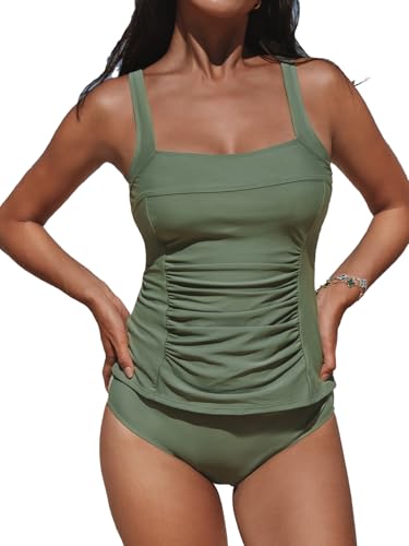CUPSHE Damen Tankini Set Quadratischer Ausschnitt Raffung Bauchweg Mid Waist Tankini Bademode Zweiteiliger Badeanzug Swimsuit Dark Olive Green M CUPSHE Damen Tankini Set Quadratischer Ausschnitt Raffung Bauchweg Mid Waist Tankini Bademode Zweiteiliger Badeanzug Swimsuit Dark Olive Green M von CUPSHE