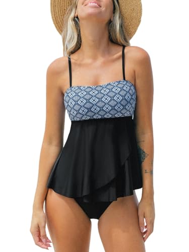 CUPSHE Tankini-Sets für Damen, zweiteilig, quadratischer Ausschnitt, mittlere Taille, Retro-Bademode, unregelmäßiger Saum, Schwarz / Retro-Druck, Large von CUPSHE