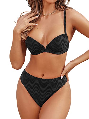 CUPSHE X STASSIE Damen Bikini Set V Ausschnitt Push Up Bademode Hohe Taille Badeanzug Einstellbare Rückendesign Swimsuit Schwarz, L von CUPSHE