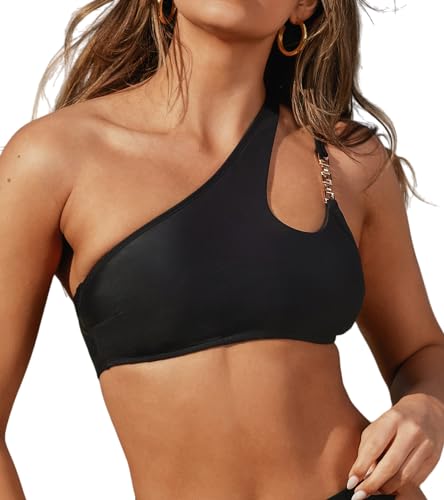 CUPSHE X STASSIE Damen Bikinioberteile Cut Out Tops Badeanzug Asymmetrischer Hals Ausschnitt Quadrat Ring Kette Badeanzüge Schwarz, L von CUPSHE