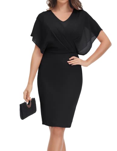 CURLBIUTY Damen Cape Ärmel Bodycon Kleid Chiffon Patchwork Cocktaikleid V-Ausschnitt Sommerkleid Schwarz XL, CU0106A22-01_0XL@#WQHSYB von CURLBIUTY