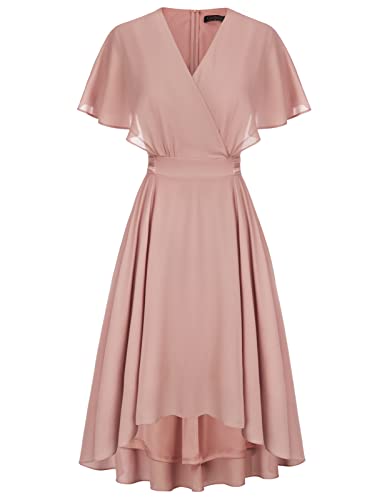 CURLBIUTY Damen Kurzarm Kleid High Waist A-Linie Cocktaikleid mit Gürtel Elegant Chiffon Sommerkleid Hellrosa XL von CURLBIUTY