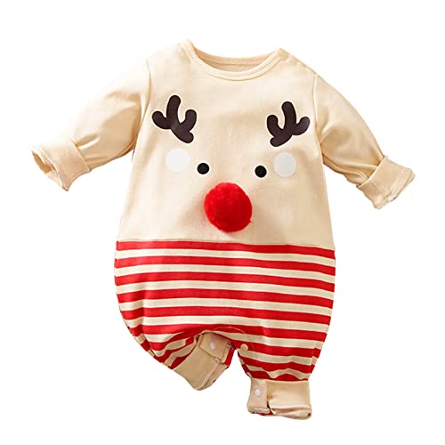 CUTeFiorino Baby Pyjama Winter 74 Neugeborenes Baby Mädchen Junge Weihnachtsoutfits Baby Strampler Langarm Gestreifter Overall Weihnachtskleidung Baby Outfit 86 (Beige, 3-6 Months) von CUTeFiorino