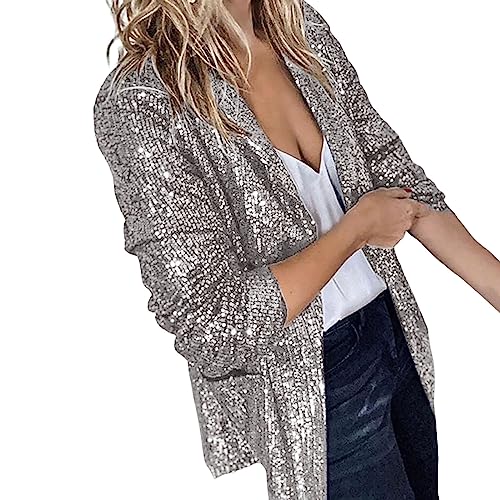 CUTeFiorino Damen Glänzend Pailletten Jacke Cardigan Langarm Bolero Tops Kurz Oberteile Eleganter Blazer Glitzer Party Outfits Clubwear Navy Gold Silber S M L XL XXL von CUTeFiorino