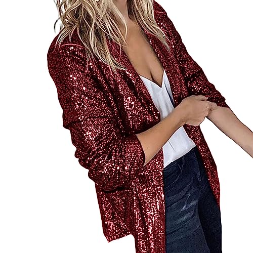 CUTeFiorino Damen Glänzend Pailletten Jacke Cardigan Langarm Bolero Tops Kurz Oberteile Eleganter Blazer Glitzer Party Outfits Clubwear Navy Gold Silber S M L XL XXL von CUTeFiorino