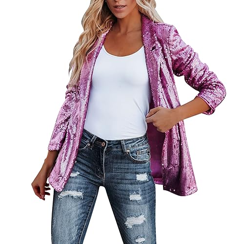 CUTeFiorino Damen Glänzend Pailletten Jacke Cardigan Langarm Bolero Tops Kurz Oberteile Eleganter Blazer Glitzer Party Outfits Clubwear Navy Gold Silber S M L XL XXL von CUTeFiorino