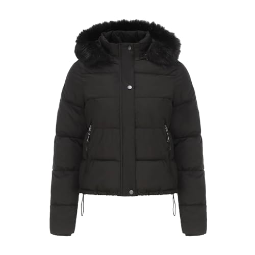 CUTeFiorino Damen-Kurzjacke aus Baumwolle mit Kapuze und Langen Ärmeln für Herbst und Winter Winterjacke Damen Kurz (Black, L) von CUTeFiorino