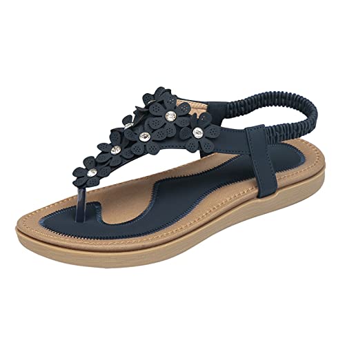 CUTeFiorino Damenschuhe Gefüttert Flache Sandalen für Damen, Sommer, böhmische Blumen, Perlen, bequeme, offene Zehen, elastischer Knöchelriemen, Slip-on-Sandalen, römische Sandalen, (Dark Blue, 42) von CUTeFiorino