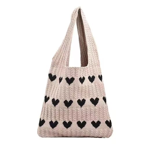 CUTeFiorino Große Taschen Damen Strick-Einkaufstasche, gehäkelte Umhängetasche, Liebes-Herz-Muster, Handtaschen, alltägliche Stricktasche Handtuch Mit Taschen (Khaki, One Size) von CUTeFiorino