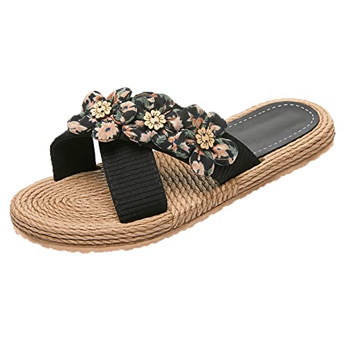 CUTeFiorino Klein Damenschuhe 37 Damen Flache Blumen Hausschuhe Blumen Strand Hausschuhe Slip On Mode Hausschuhe Flache Offene Spitze Sommer Lässige Mode Sandalen Strand Hausschuhe Offene (Black, 40) von CUTeFiorino