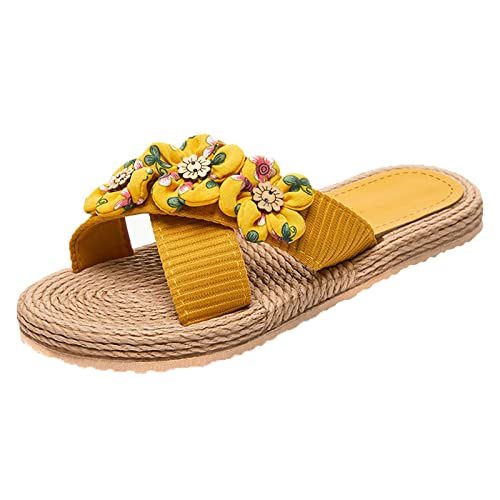 CUTeFiorino Klein Damenschuhe 37 Damen Flache Blumen Hausschuhe Blumen Strand Hausschuhe Slip On Mode Hausschuhe Flache Offene Spitze Sommer Lässige Mode Sandalen Strand Hausschuhe Offene (Yellow, 39) von CUTeFiorino