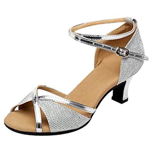 Damenschuhe Schwarz Elegant Pumps Lateinischer Damen Schuhe Damen Mittelabsatz Klein Schuhe Damen 38 O Damenschuhe 37 (Silver, 38) von CUTeFiorino