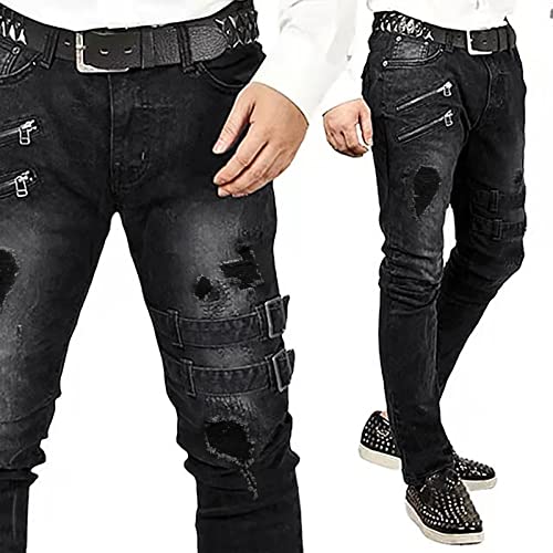 Herren Jeans Punk Denim Zerrissene Jeans Hippie Look-Knopfleiste Slim Fit Knöpfbar Gemütliche mit Gürtel Hautfreundlich Gothic Fashion Streatwear Funky Basic Straight Leg Schwarz Blau S-3XL von CUTeFiorino