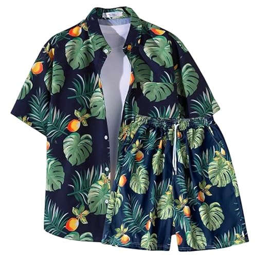 CWAUTO 2 Teiliges Hawaii Hemd Für Herren, Dünn, Atmungsaktiv, Button Down T Shirt Und Shorts, Anzug, Monstera Blätter, Aloha Hemd, Outfits, Lockere Passform, Sommer Casual Strand Hemden, Marinebla von CWAUTO