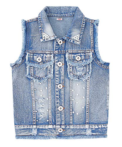 CYSTYLE Kinder Mädchen Weste Ärmellose Jeansjacke Jeansweste Biker Fashion Denim Slim Fit Outwear Top mit Perle Design (130/Körpergröße 120cm) von CYSTYLE