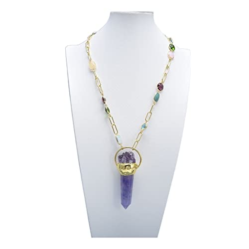 CZAOINCU Schmuck Aquamarin Citrin Amazonit Kristallkette Halskette Amethyst Point Raw Anhänger erfüllen Ketten für Damen von CZAOINCU