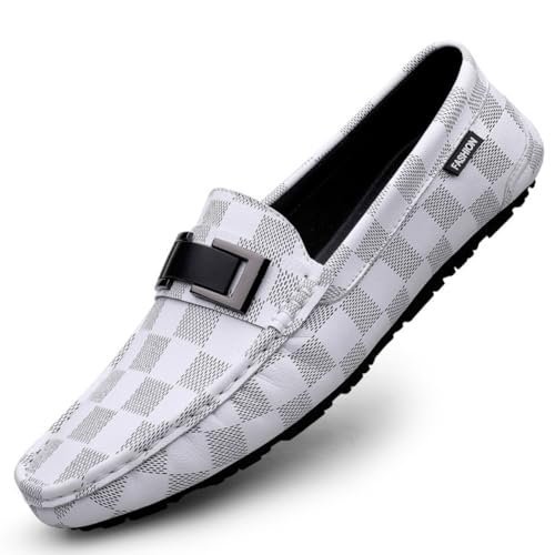 Herren-Mokassins, atmungsaktiv, lässig, Leder, handgefertigt, Slipper, Fahren, Businessschuhe, Größe 36 - 45, 8921 White, 39 EU von CZHIHANEG