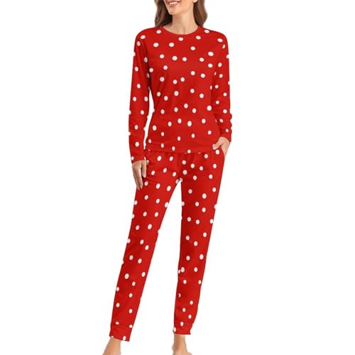 CZZYH Damen-Pyjama-Sets mit Taschen, weicher Rundhalsausschnitt, Damen-Pyjama, rot, runde Punkte, Schlafanzug für Damen, Rot-weiße runde Punkte, 42 von CZZYH
