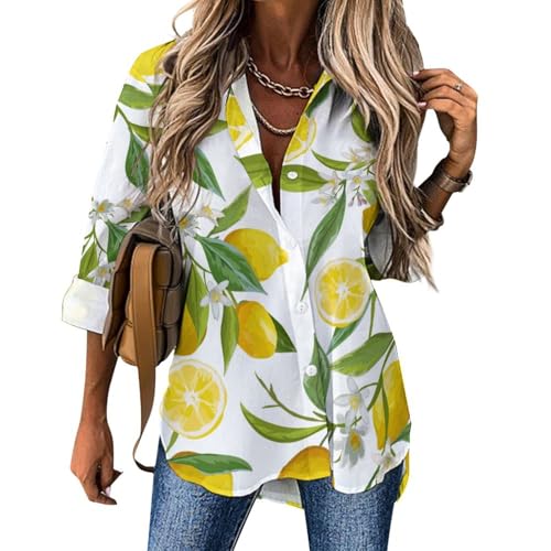 CZZYH Unregelmäßiger Saum Damen Langarm Tops Blume Blatt Zitrone Damen Blusen & Shirts, Blumenblatt, Zitrone, Large von CZZYH