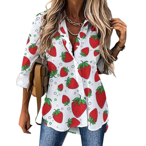 CZZYH Unregelmäßiger Saum Damen Langarm Tops Rot Cartoon Erdbeere Damen Blusen & Shirts, Rote Cartoon-Erdbeere, M von CZZYH