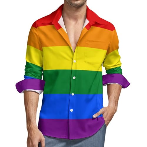 Lässige Herrenhemden lange Ärmel, bunte einfache Regenbogen-Männer Hemden, Bunter einfacher Regenbogen, 3XL von CZZYH