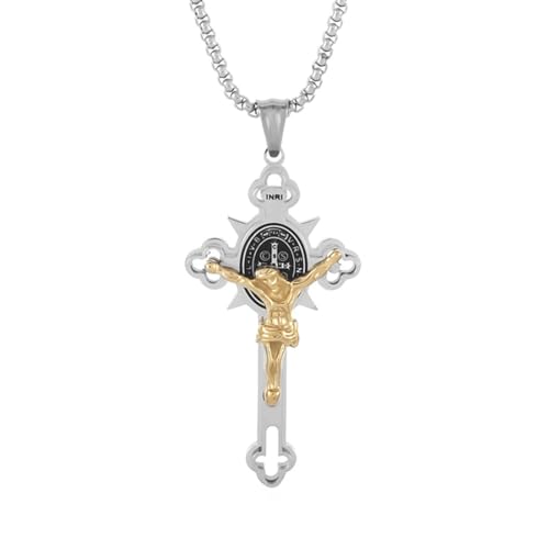 Caiduoduo Edelstahl Heiliger Benedikt Jesus Kreuz Anhänger Halskette Frauen Amulett Gebet Schmuck Religiöses Christliches Geschenk von Caiduoduo