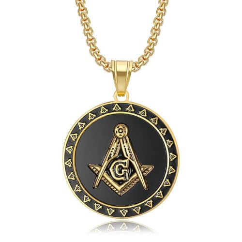 Caiduoduo Edelstahl Runde Freimaurer All Seeing Eye Medaille Anhänger Halskette für Männer Frauen Glück Amulett Party Schmuck Geschenke von Caiduoduo