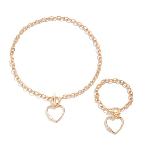 Caiduoduo Einfache O-Kette mit Herz Ring Anhänger Halskette Armband für Frauen Schmuck Set Charm Choker Armreif Damen Hochzeit Party von Caiduoduo