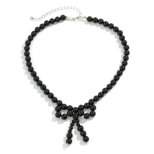 Caiduoduo Gothic Black Imitation Perle Perlen Bogen Anhänger Halskette für Frauen Koreanische Mode Kurze Halskette Party Geschenk von Caiduoduo