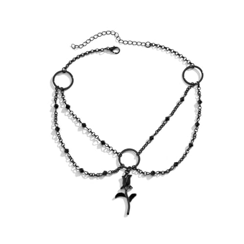 Caiduoduo Gothic Schwarze Rose Blume Anhänger Lange Kreuzgliederkette Halskette Frauen Punk Kristallkette Choker Halskette Party Geschenk von Caiduoduo