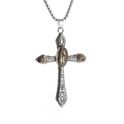 Caiduoduo Retro Gothic Totenkopf Kreuz Jungfrau Maria Anhänger Guadalupe Halskette Mode Religiöses Amulett Schmuck für Männer und Frauen von Caiduoduo