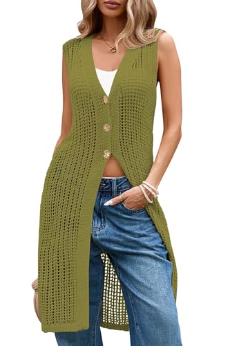 Cakulo Damen-Strickjacke, ärmellos, gehäkelt, Strand, 2025, Sommer, langer Strickpullover, Weste, Tops, Dschungelgrün, X-Groß Cakulo Damen-Strickjacke, ärmellos, gehäkelt, Strand, 2025, Sommer, langer Strickpullover, Weste, Tops, Dschungelgrün, X-Groß von Cakulo